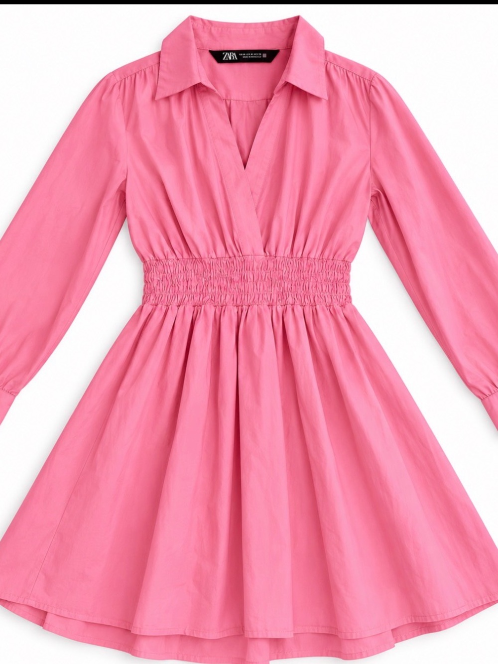 Zara Bright Pink Long-Sleeve Shirred-Waist Dress